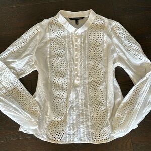 White House Black Market Eyelet Cut Out Blouse see thru Top sz M